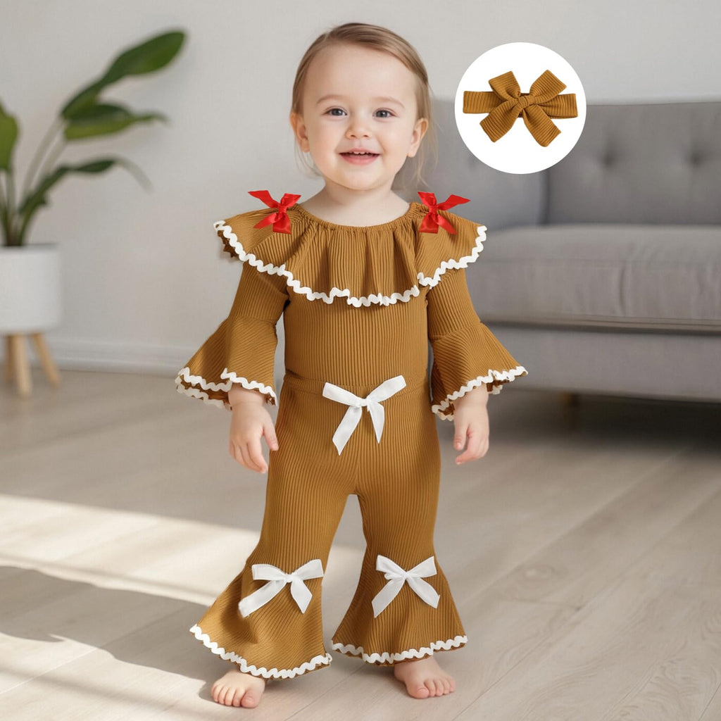 My First Christmas Baby Girl Outfit Newborn Onesie Ribbed Knit Gingerbread Romper Bell Bottoms Set Infant Clothes (F