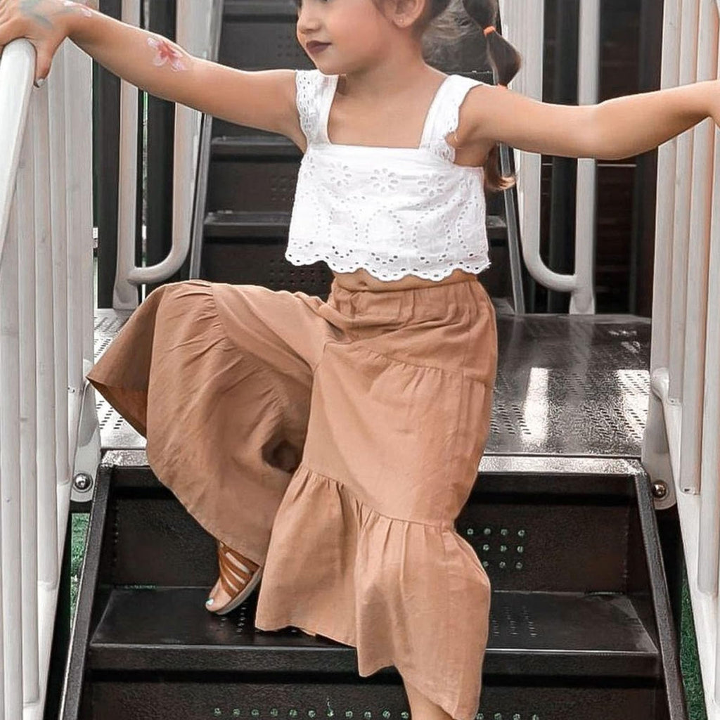 2PCS Baby Girl Sleeveless Strap Lace Crop Vest Tops + Flared Wide-Leg Pants Toddler Summer Outfits Set Clothes