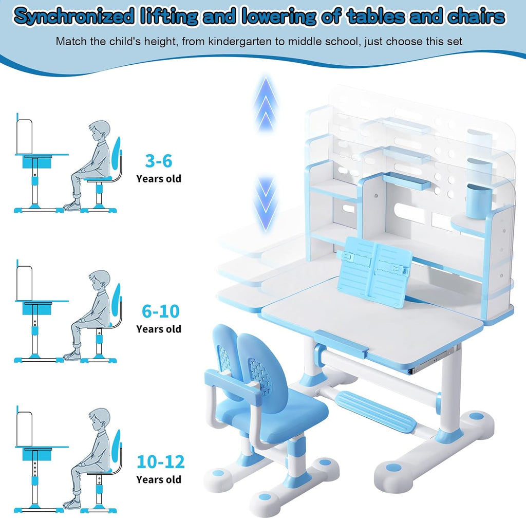 Kids Desk and Chair Set, Height Adjustable Kids Study Table with Widened Tabletop,Tiltable Reading Stand, Spine