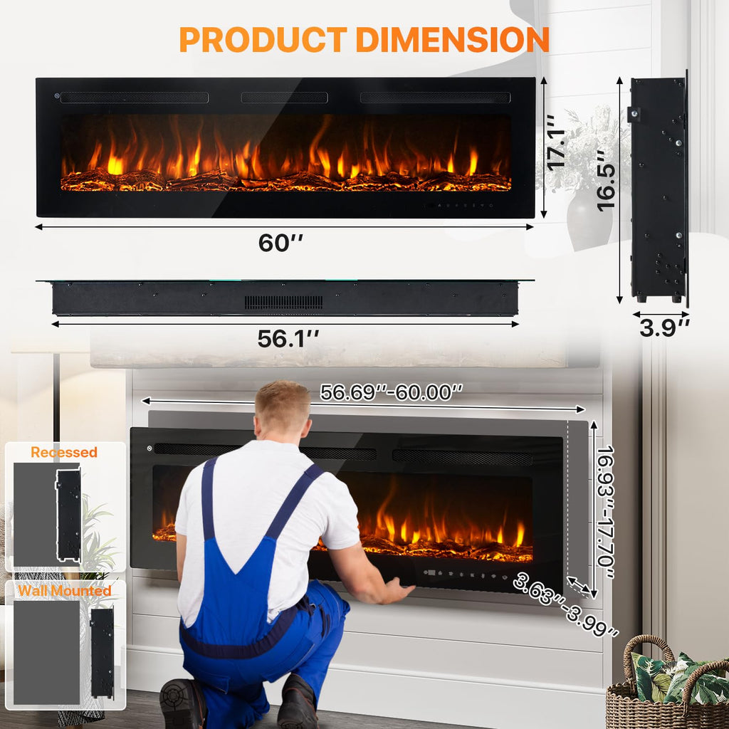 60" Smart Electric Fireplace Heater, Wide Recessed/Wall Mounted Electric Fireplace, Remote Control with Timer, 12