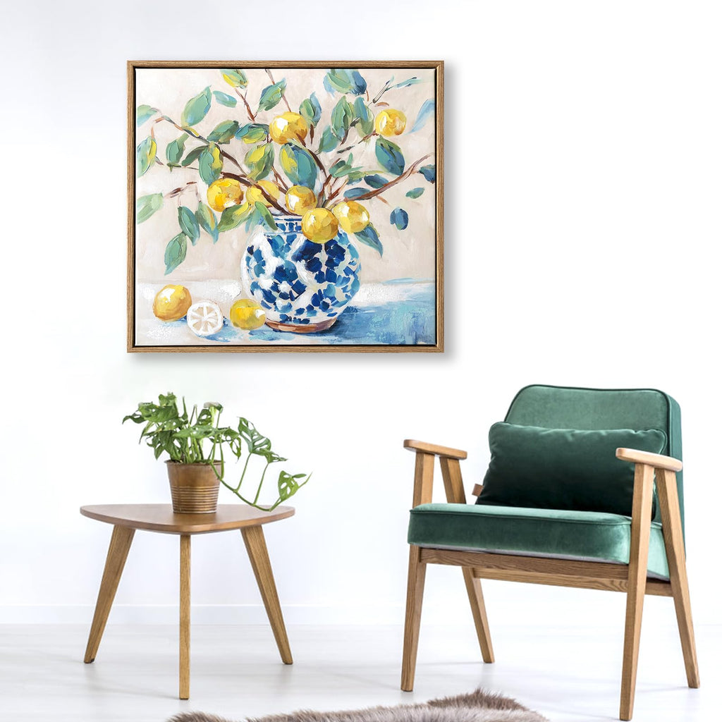 Framed Vintage Kitchen Wall Art, hand-painted Yellow Lemon Still Life Wall Decor Oil Paintings, Rustic Farmhouse