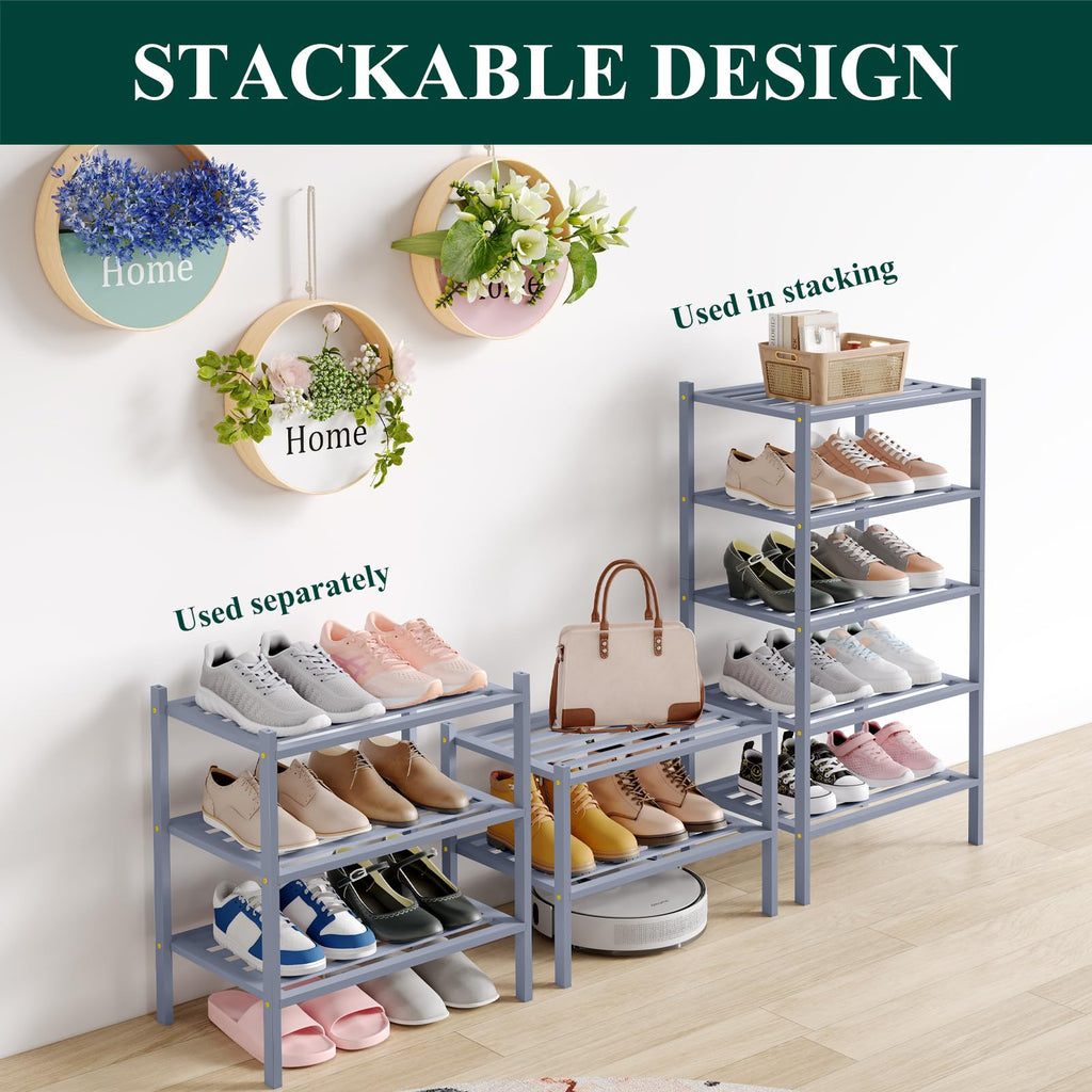Bamboo Shoe Rack, 5 Horizontal Slats, 4 Tier - 17.3" Wide, Grey