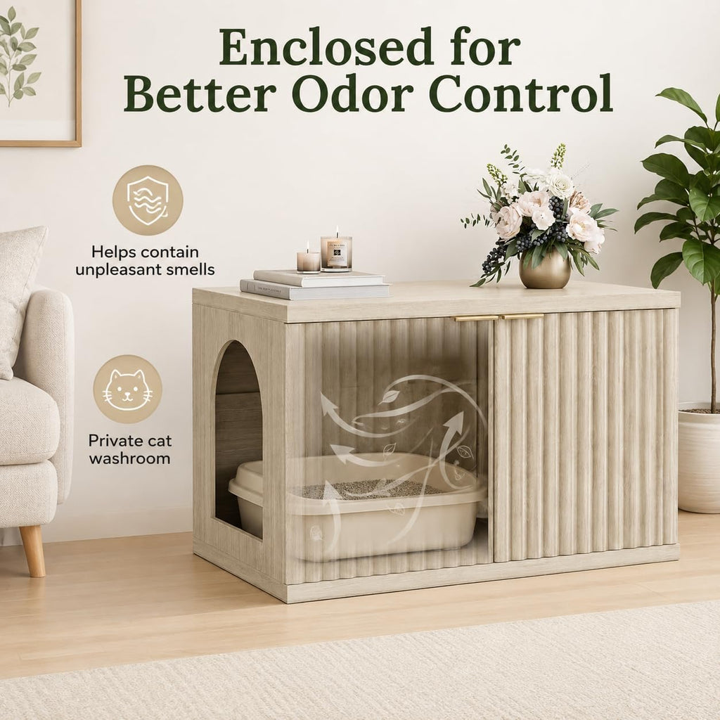 Cat Litter Box Enclosure, Modern Fluted Accent, Cream Gray