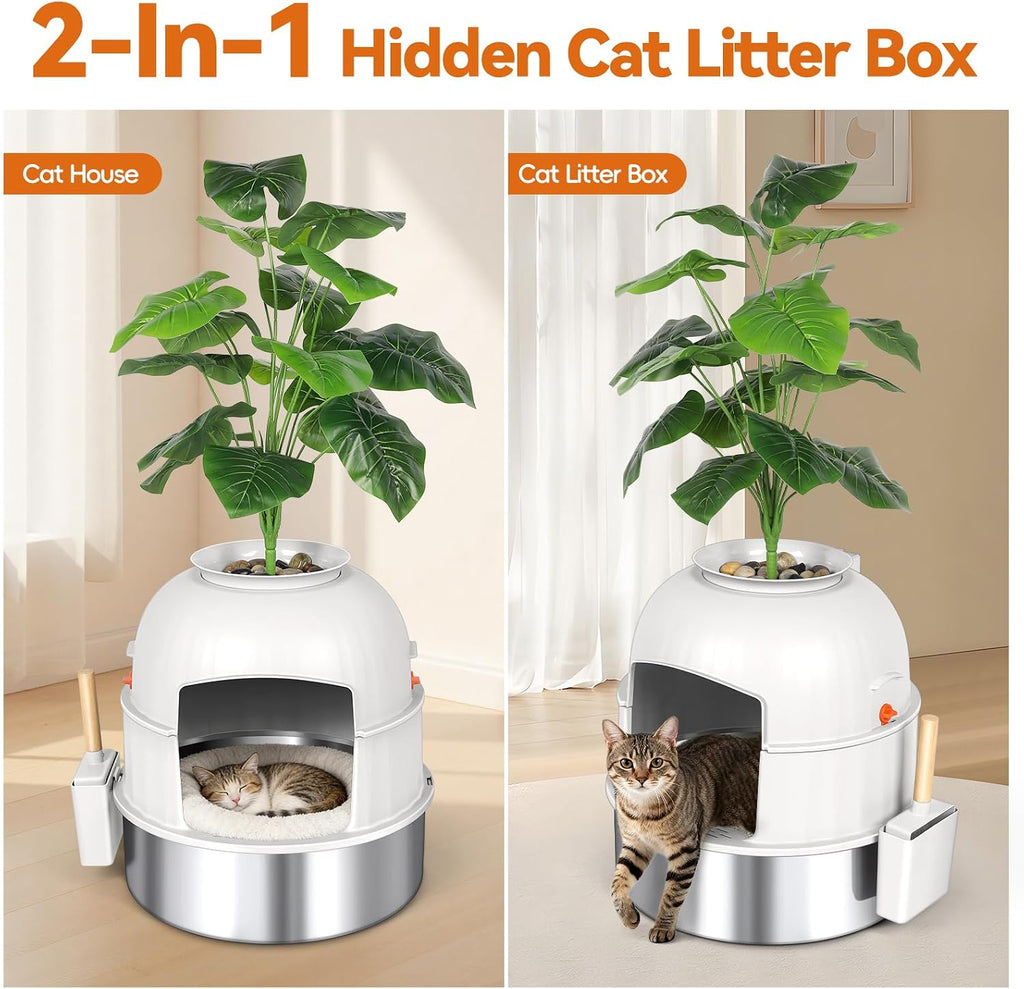 Hidden Plant Litter Box with Scoop, Stainless Steel Litter Box Plant, Beige