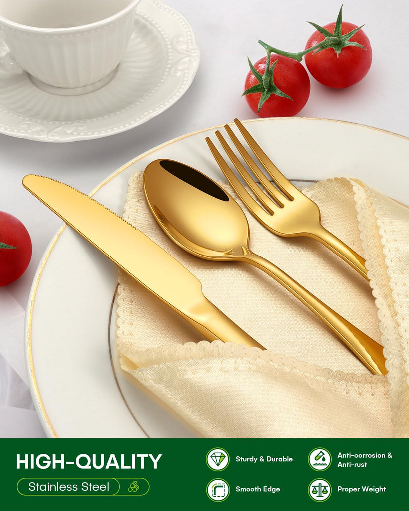 60 Piece Gold Silverware Set, Stainless Steel Flatware Set for 12 Food Grade Novelty Flatware Cutlery Utensil Set