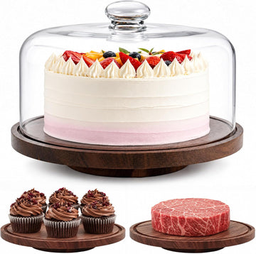Acacia Wood Cake Stand with Glass Dome,11" Rotating Cake Stand for Desserts