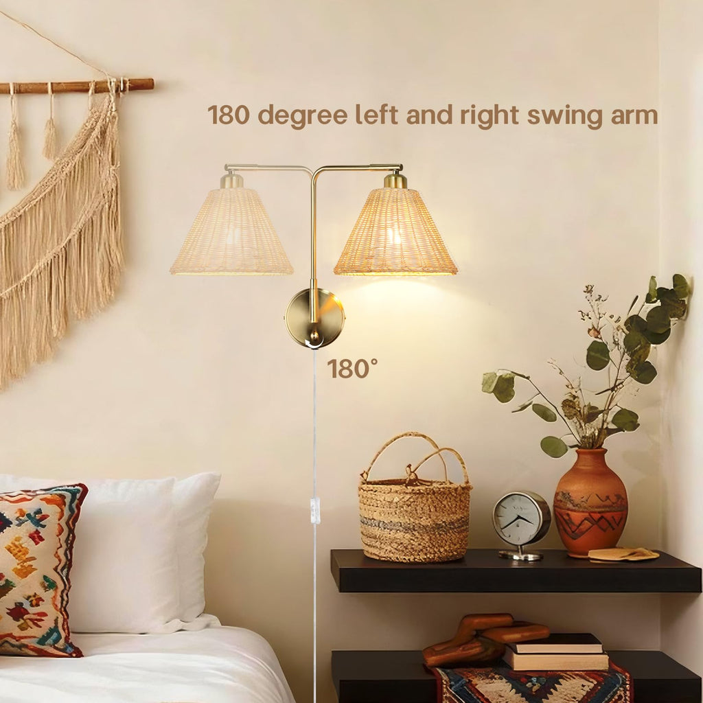 Plug in Rattan Wall Sconce Set of 2, Boho Woven Brown Wall Lamps with Gold Arm, Dimmable Switch Light Fixture, Rustic