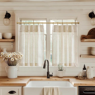 Linen Pinch Pleated Kitchen Curtains 24 Inch 2 Panels Natural Linen Tier Curtains Back Tab Beige Farmhouse Cafe Light