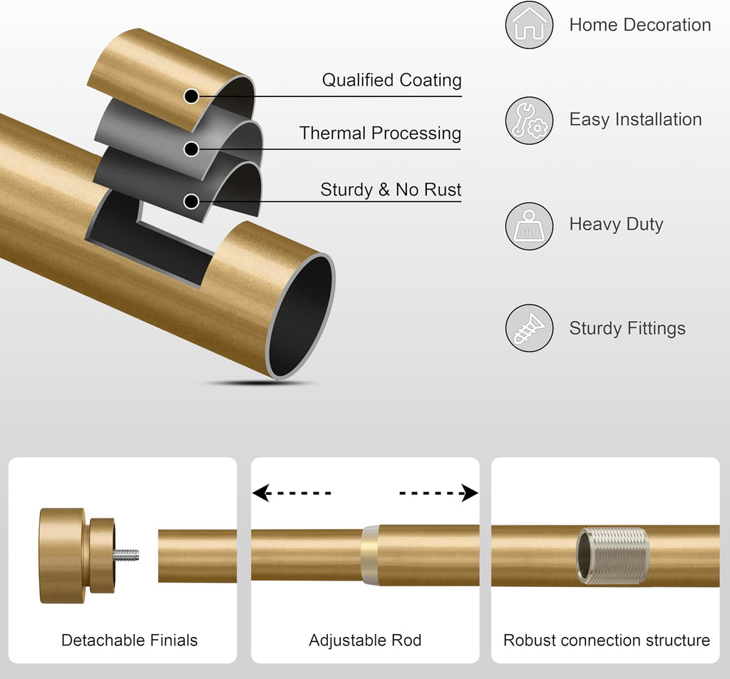 Gold Heavy Duty Curtain Rods for Windows 1" Diameter Brass Curtain Rod with Modern