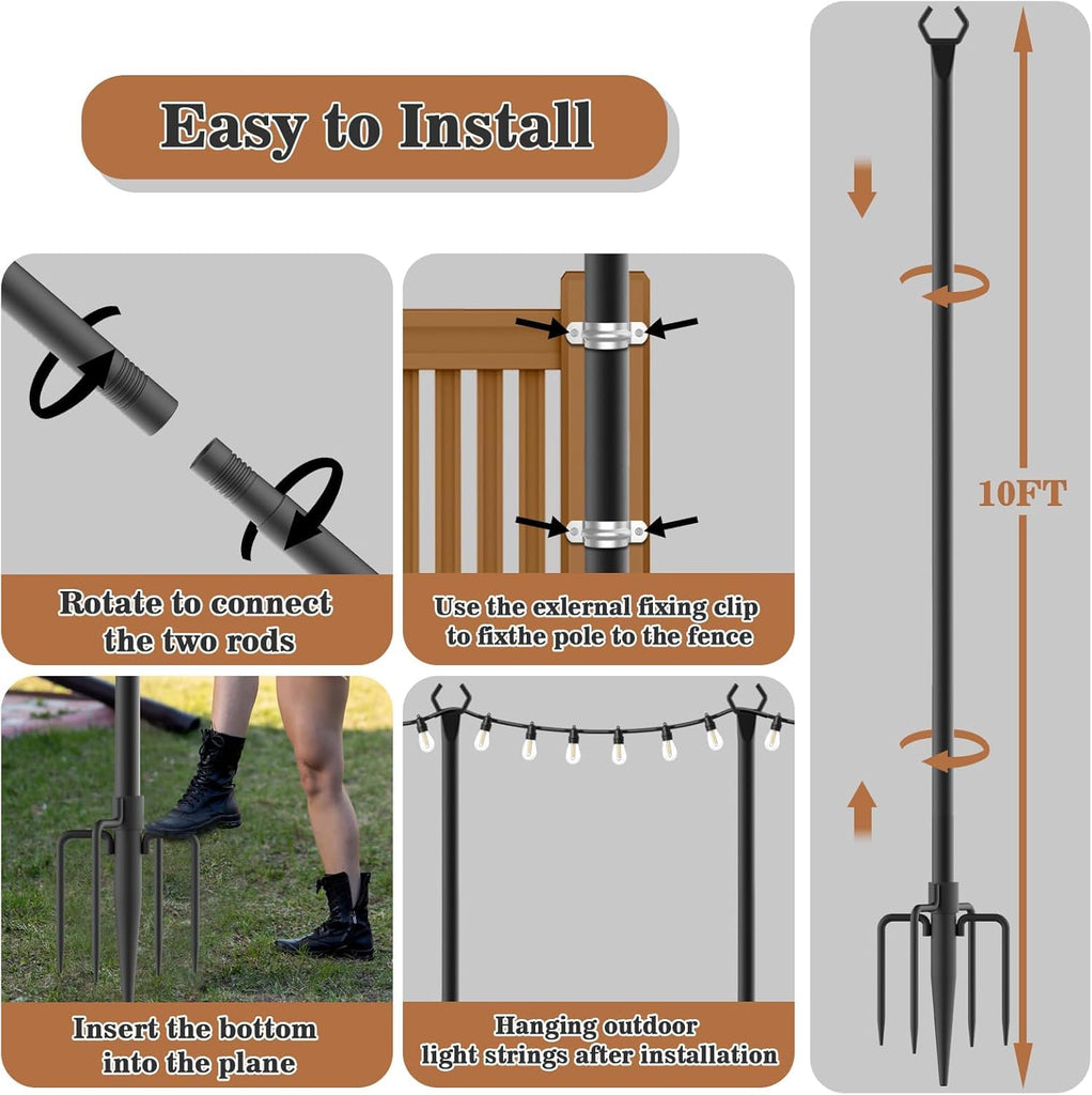 4Pack String Light Poles, Metal Poles for Hanging Outdoor Light Strings, 4 Pack 10 FT Light Poles Stand for Outside