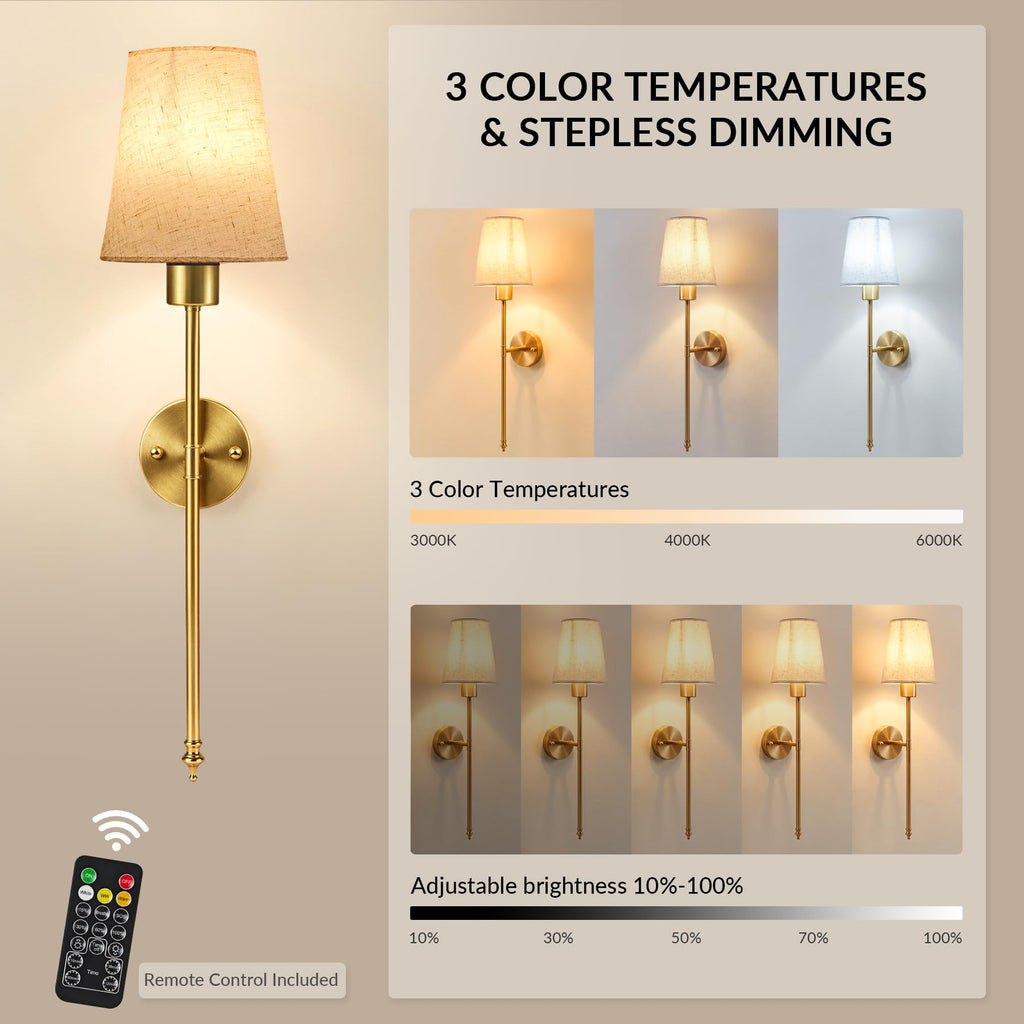 Battery Operated Wall Sconces Set of Two, 3CCT with Remote, Gold
