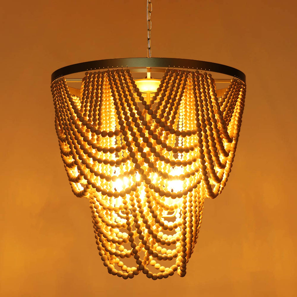 6-Light Bohemia Wood Beaded Chandelier, Coastal Pendant Light, Modern Farmhouse Light Fixtures, Gold and Oak Finish
