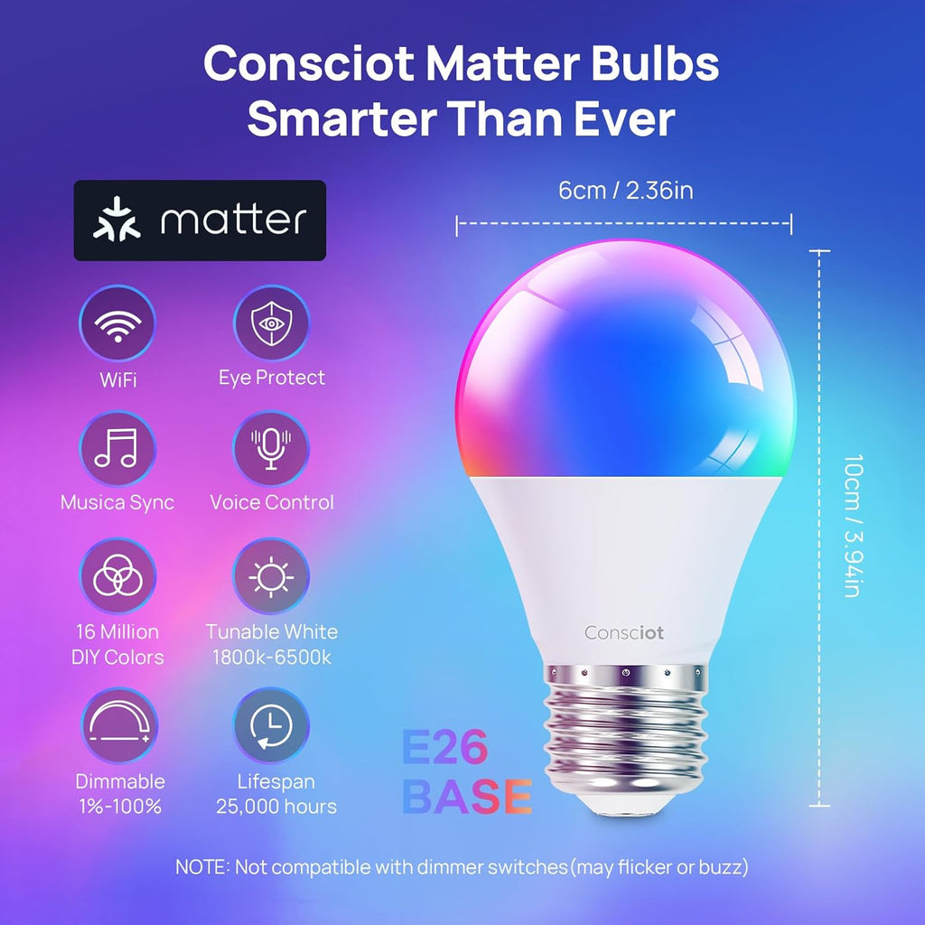 Smart Light Bulbs, WiFi Bluetooth Color Changing LED Light Bulb, Music Sync, 60W Equivalent Smart Bulb, A19 E26 RGBTW