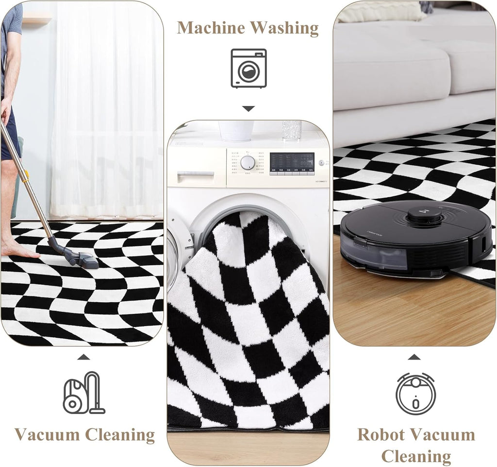 Large Checkered Area Rug, Non-Slip Soft Washable Living Room Rug with Rubber Backing, Low Pile Rug Floor Carpet