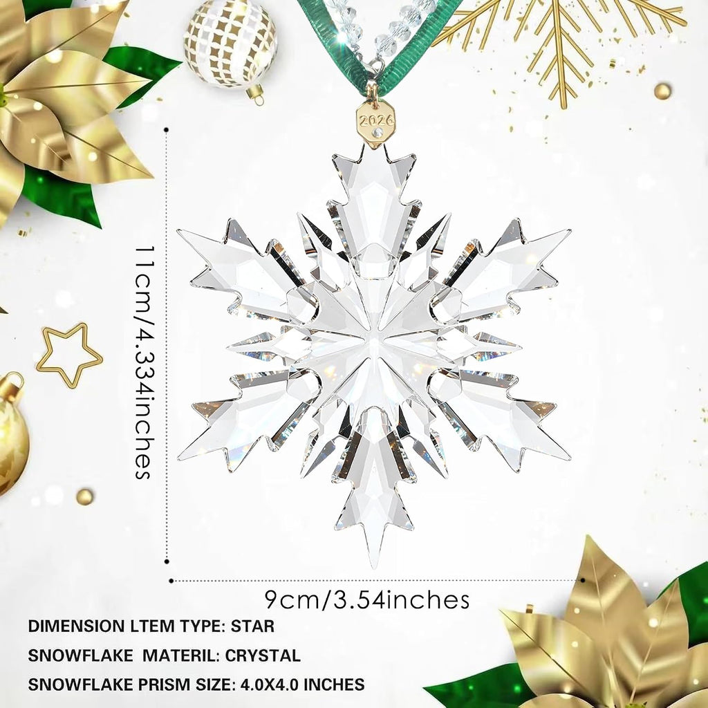 2026 Annual Christmas Ornaments Crystal Snowflake Star Clear White Faceted Crystal with Tone Metal Accents and Rayon