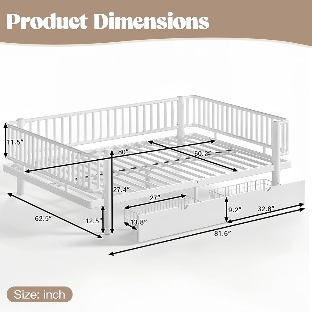 Metal Montessori Bed with Fence and Slats, Montessori Bed with Storage Drawers and Detachable Side Bed