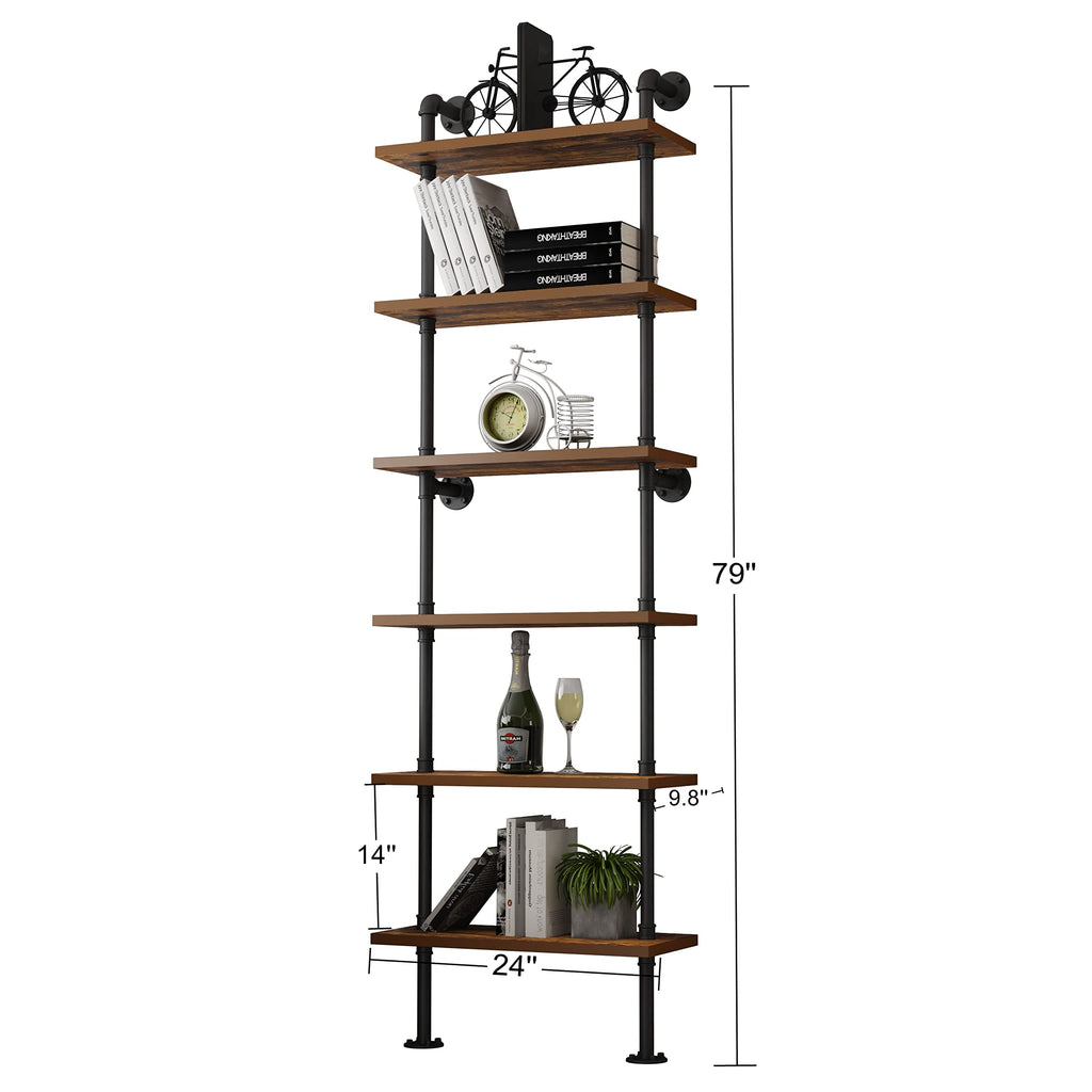 Industrial Pipe Shelf Rustic Wood Wall Shelf Ladder Bookshelf Wall Mounted Storage Decor Shelf (6-Tier)-Black