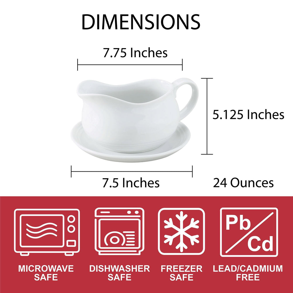 Hotel Gravy Boat With Saucer, Fine Porcelain, 24-Ounce Capacity For Gravy, Sauce, Au Jus, Dressing, Holiday Meals