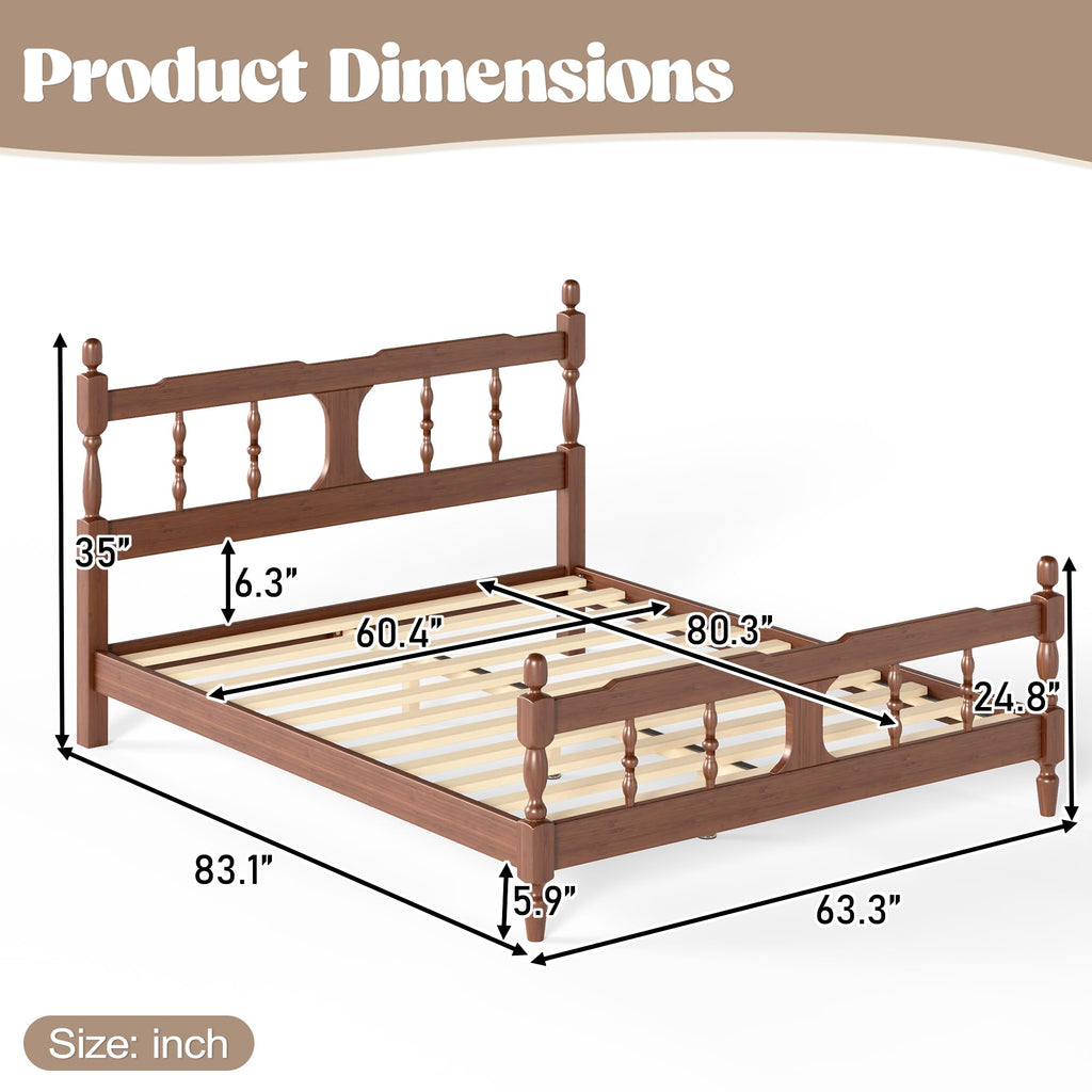 Queen Vintage Wood Spindle Post Bed, Bamboo Platform Bed, Brown