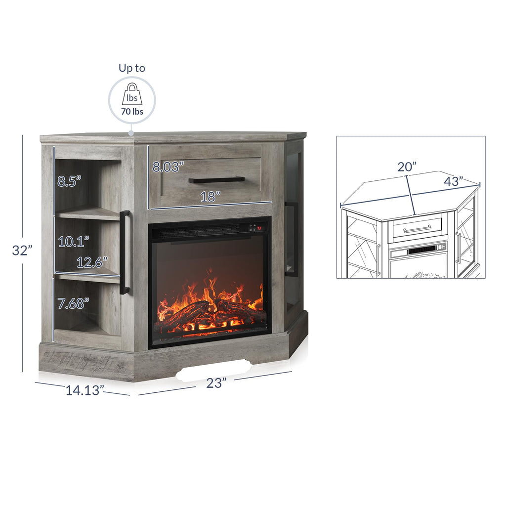 Dale 43" Corner TV Stand with 18" Electric Fireplace - Grey Wash