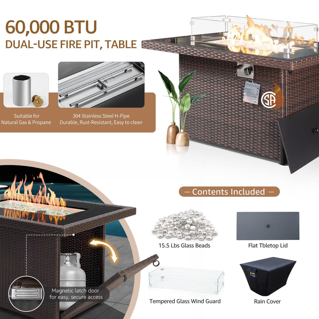 7 Piece Outdoor Patio Furniture Set with Fire Pit Table Natural Gas & Propane Convertible, 29.3'' High Backrest Deep