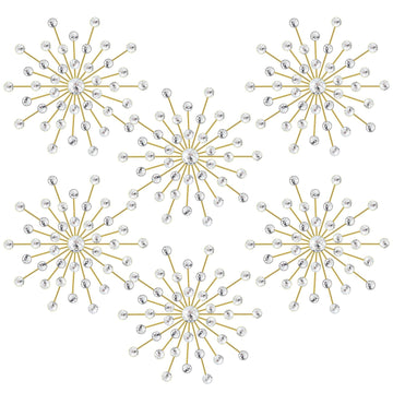 6 Pcs Metal Starburst Wall Art Crystal 3D, 25cm, Gold