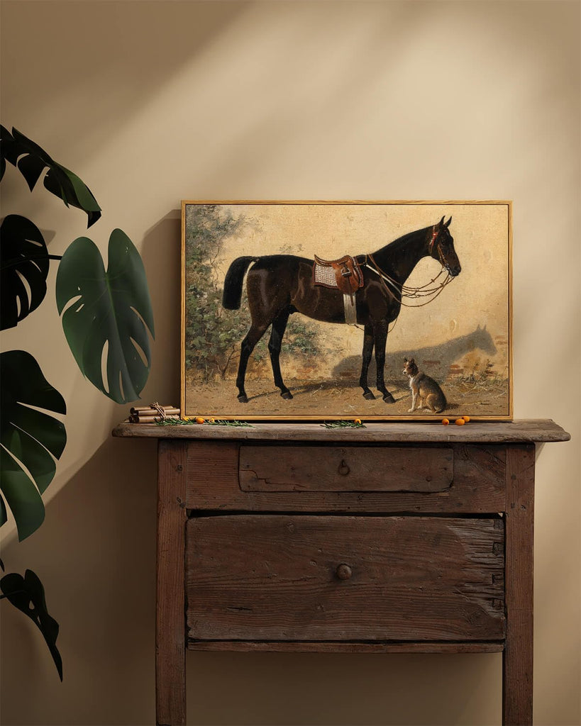 Framed Canvas Horse Wall Art, Classical Horse and Dog Art Print Decor, Large Rustic Farmhouse Country Wall Decor
