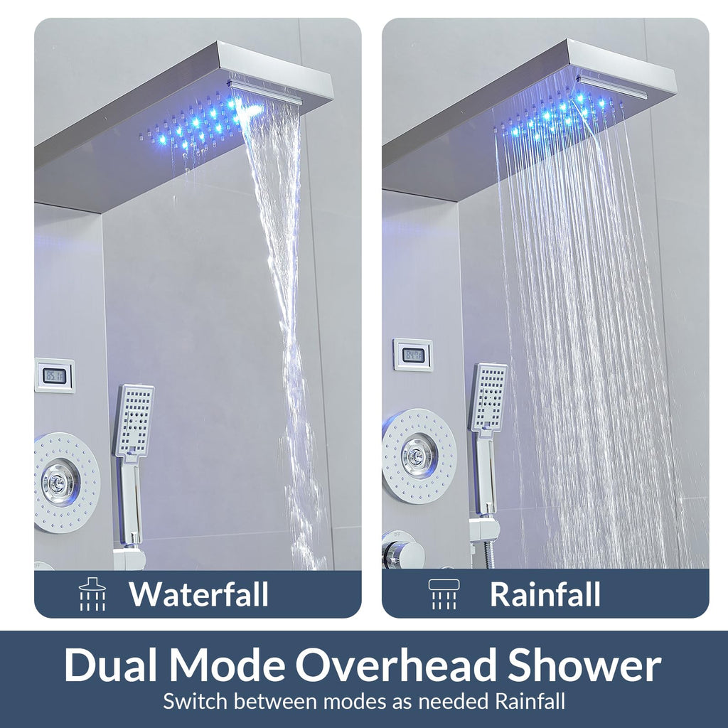 Nickel and Chrome 6 in 1 Shower Panel Tower System Rainfall Shower Panel