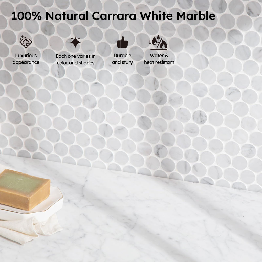 White Marble Mosaic Tile,1 Inch Penny Round, Polished, 5 Sheets
