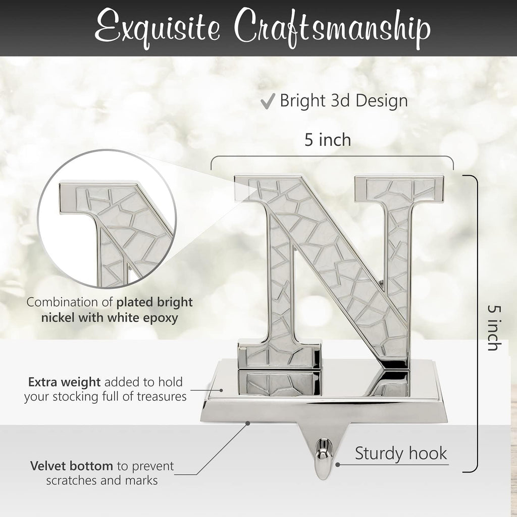 Stocking Holder for Mantle - 4pc N O E L Christmas Stocking Holders Nickel - Stocking Holders with Velvet Bottom