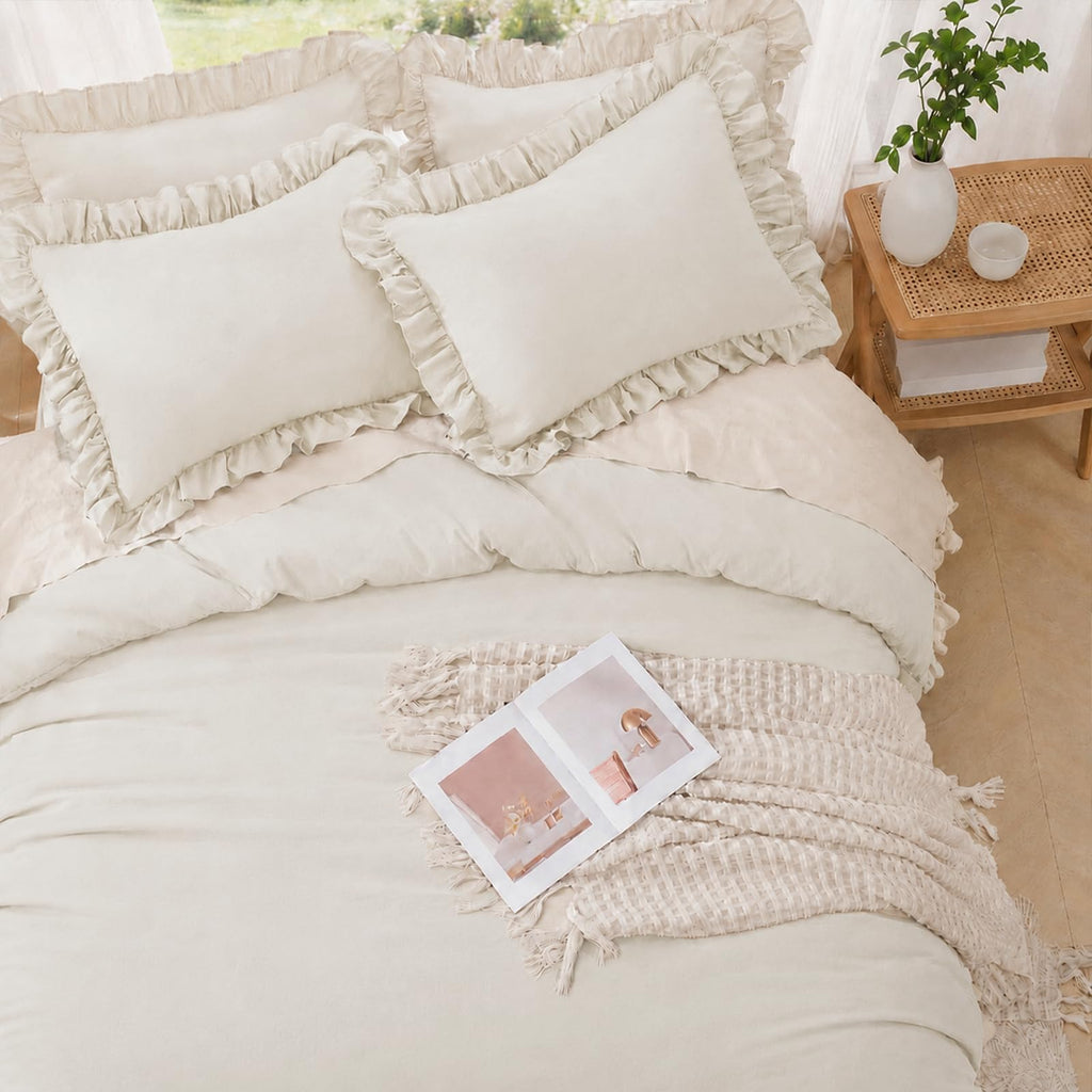 Comforter Set 3 Pieces Beige Ruffle Bedding Set