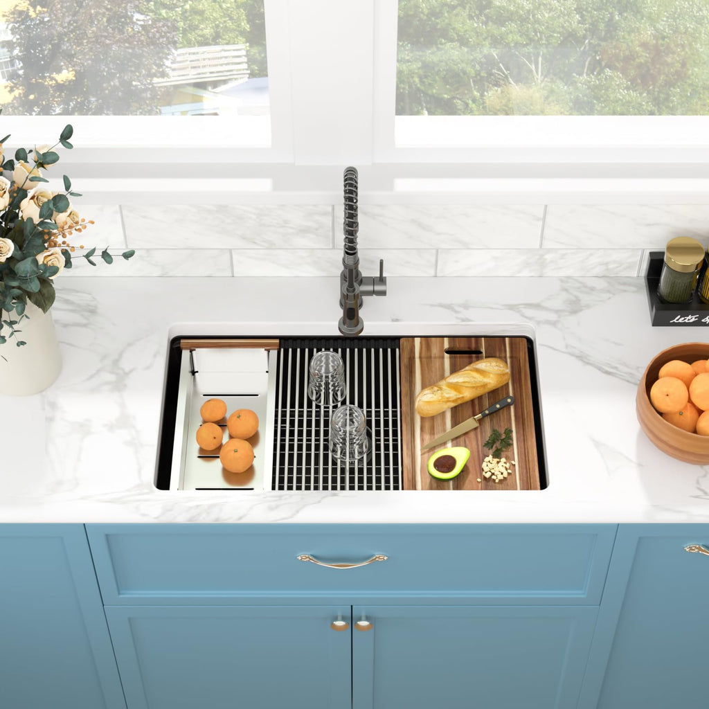 33 Granite Composite Kitchen Sink - 33 x 19 Inch Granite Undermount Kitchen Sink Ledge Workstation Under-Mount White