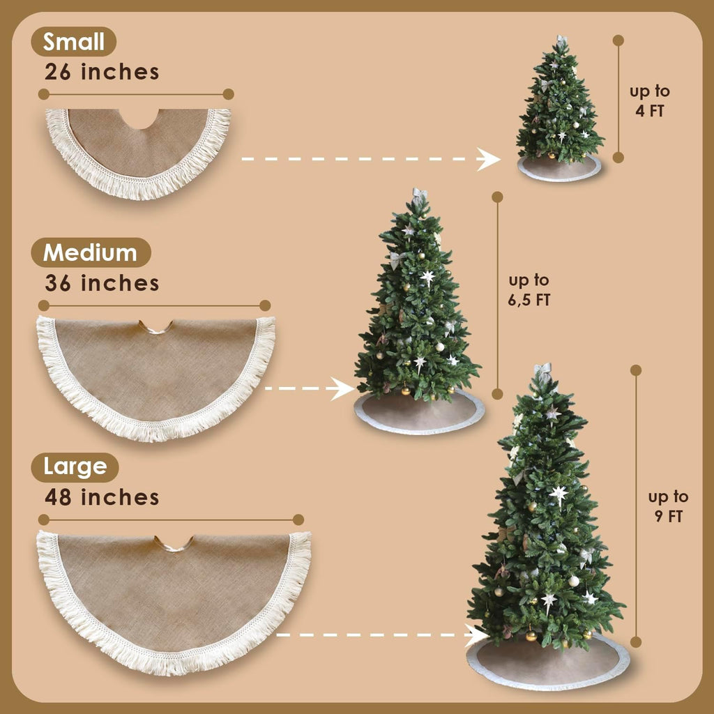 Burlap Christmas Tree Skirt 48', Boho Christmas Decor with Brown Ornaments