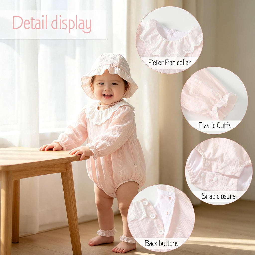 Baby Girl Bubble Romper Ruffle Lace Peter Pan Collar Puff Sleeve Bodysuit with Bonnet Baby Cute Summer Outfits