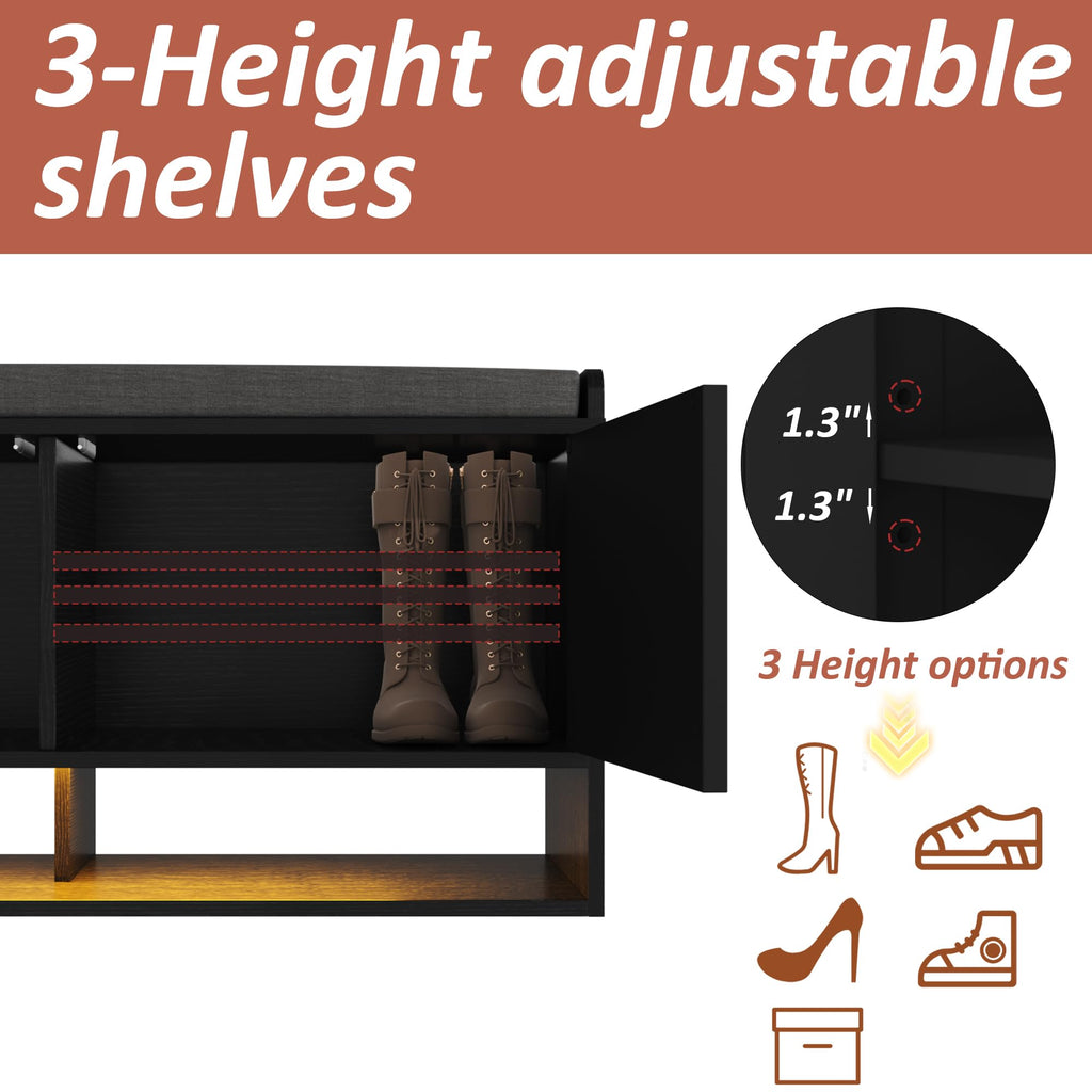 39.4" Fluted Shoe Storage Bench, Entryway Bench with Linen Seat Cushion, Shoe Cabinet Bench with Adjustable Shelf and