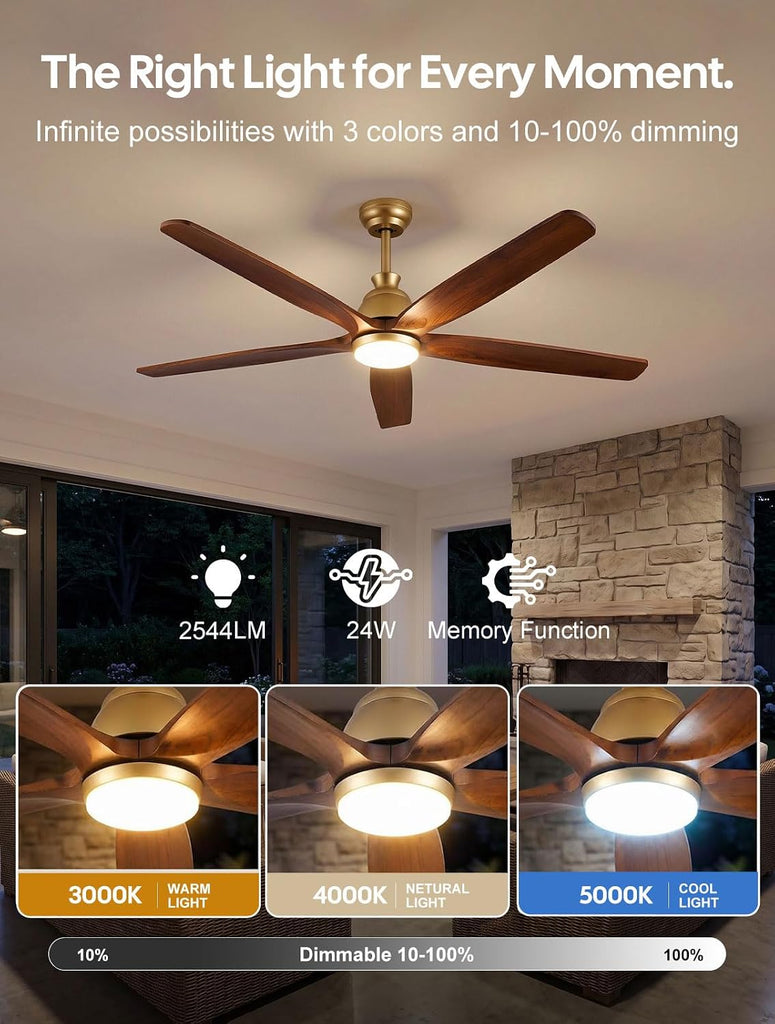 72 Inch Ceiling Fan with Light, Gold Brass Finish, 5 Solid Walnut Wood Blades, Remote, Quiet DC Motor for High Ceilings