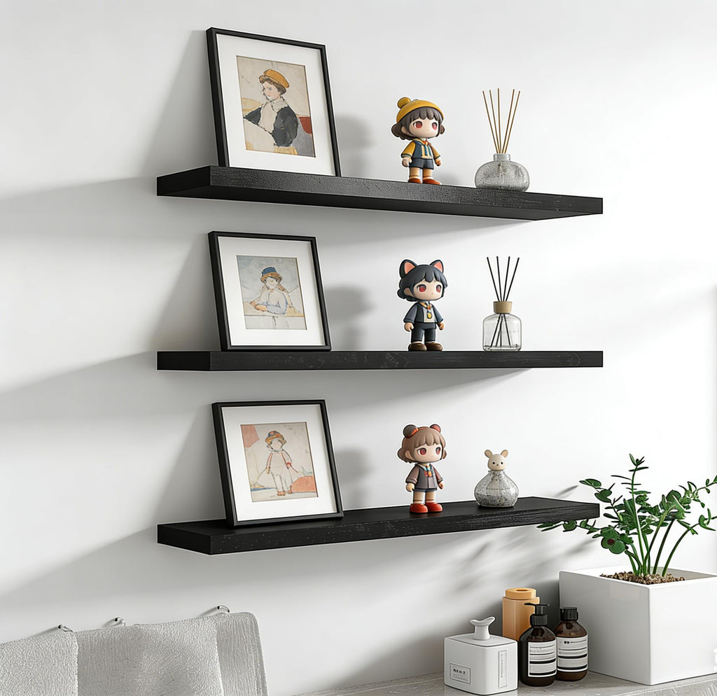 24 Inch Rustic Wood Floating Shelves Farmhouse Wooden Wall Shelves Bedroom Living Room Kitchen Office Set of 4 Black