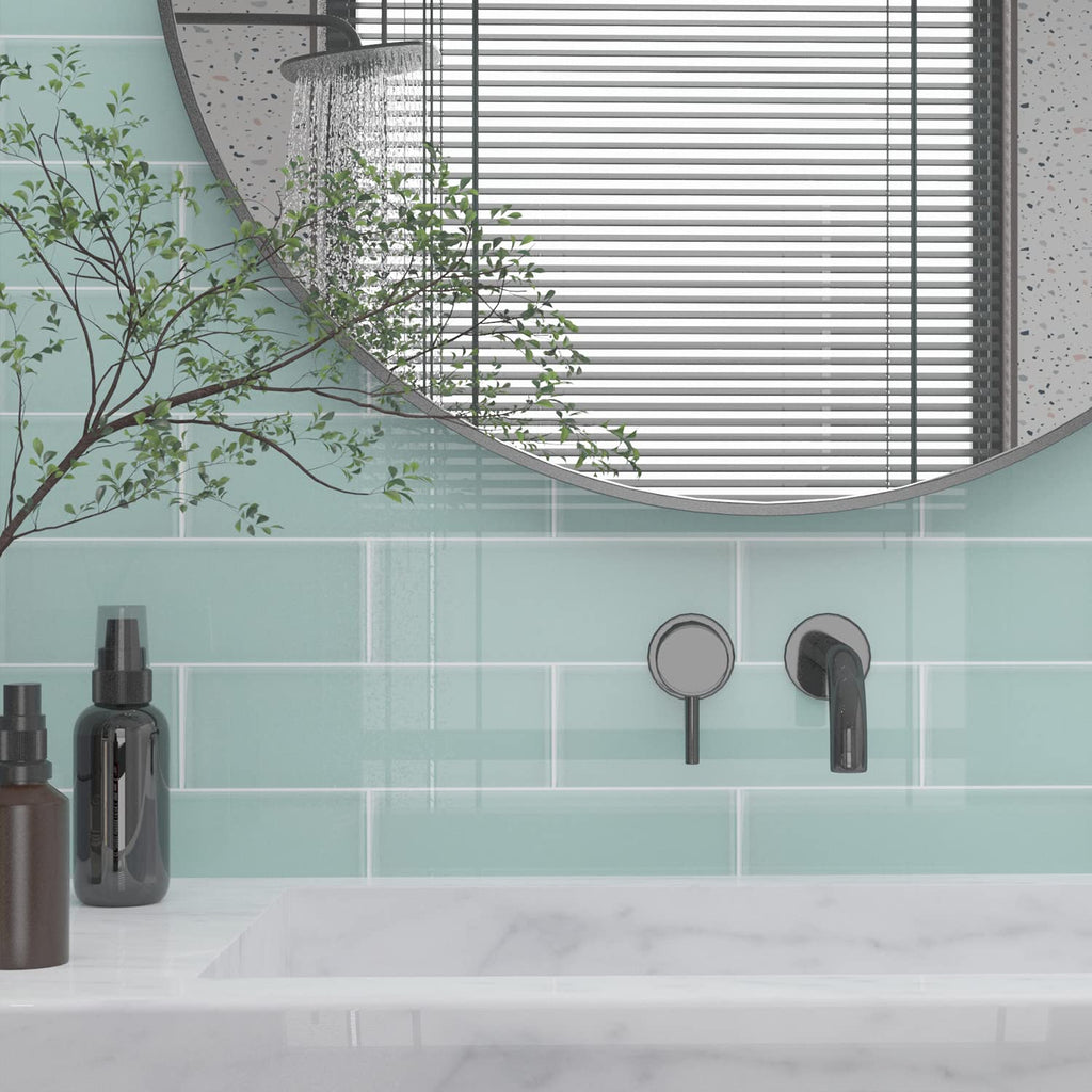 Light Green Glass Subway Tile, Glass Kitchen Shower Backsplash Wall, 4 x 12 Inches, 4 Sq.Ft