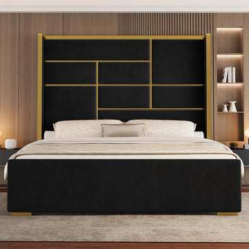 King Size Bed Frame with Gold Trim Headboard, 66.9" Tall Bed, Black