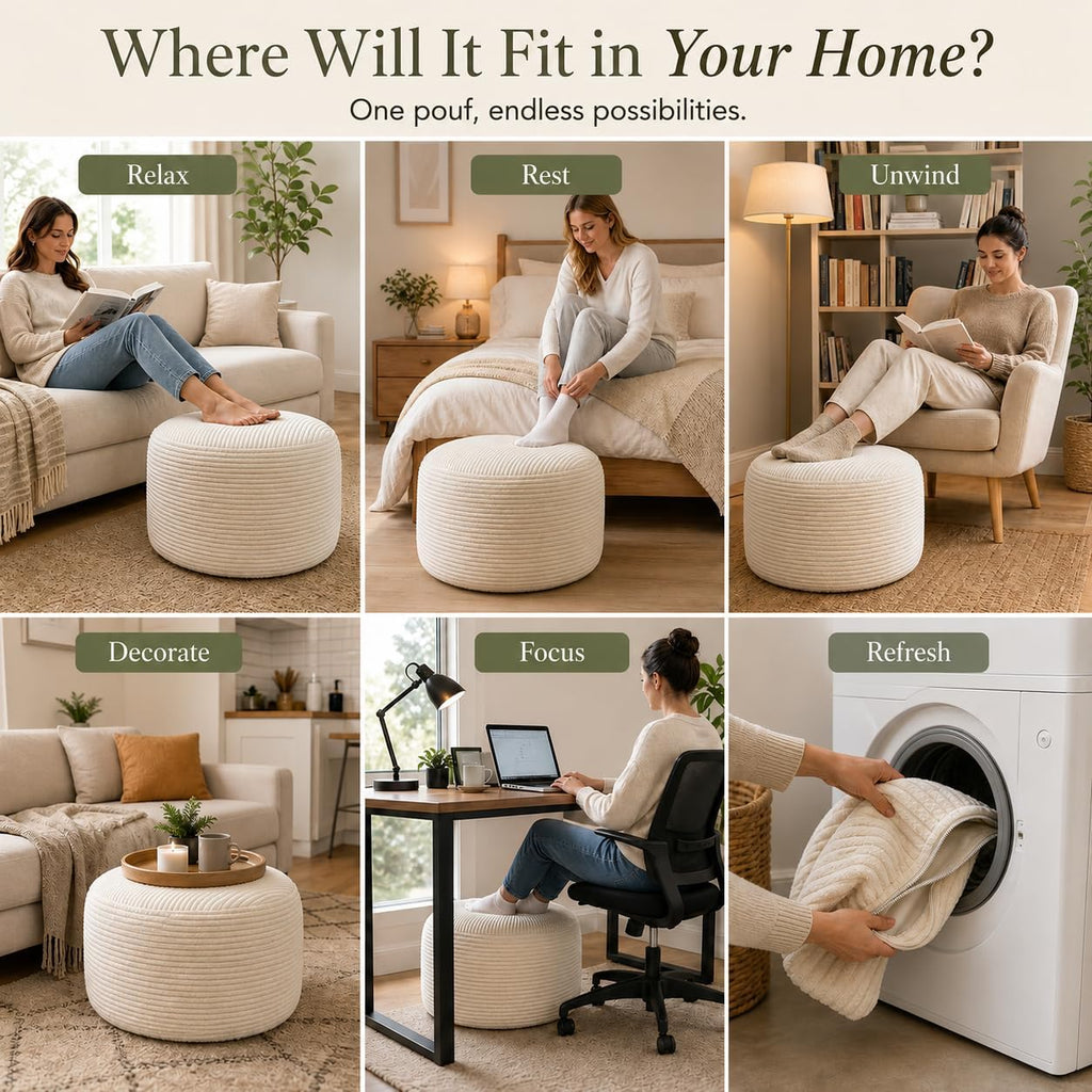 Round Pouf Ottoman Foot Rest 20 X 15 - Floor Pouf Seating, Soft Corduroy Ottoman, Lightweight Foot Stool for
