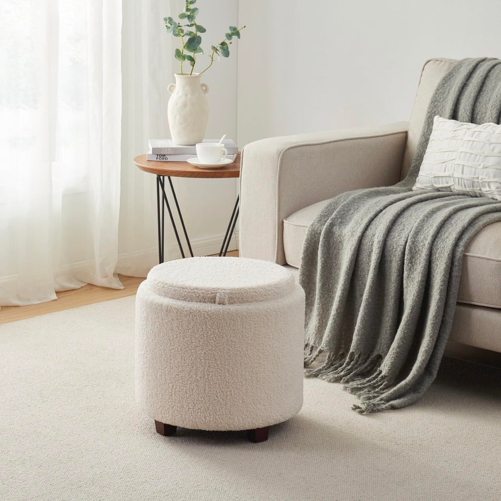 17" Round Storage Ottoman with Tray Top, Boucle Fabric, White