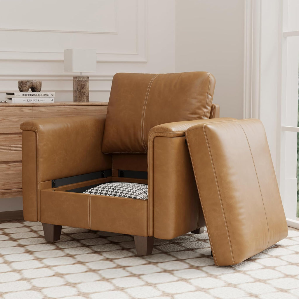 Modular Leather Accent Chair with Storage, Plush-Top Armrest, Brown