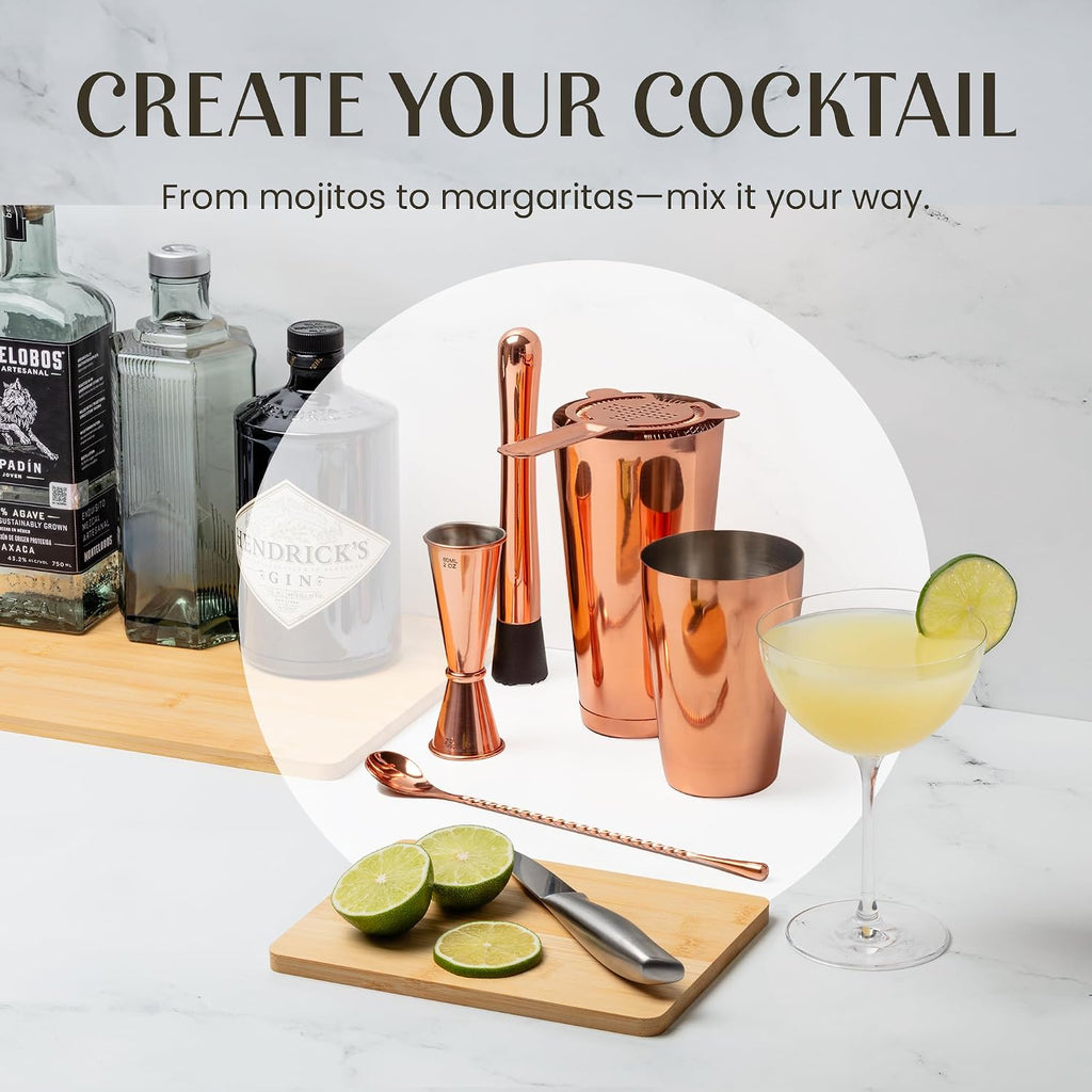 Deluxe Copper Cocktail Shaker Set - Weighted Boston Shaker Kit for Bartenders - Includes Japanese Jigger, Muddler - Set of 11