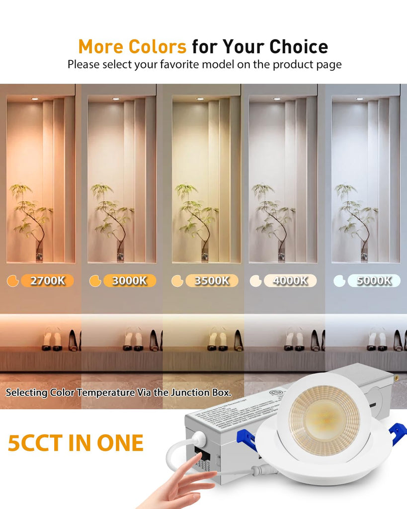 2 Inch Gimbal LED Recessed Light, 5CCT, 5W, 550LM Brightness, 4 Pack