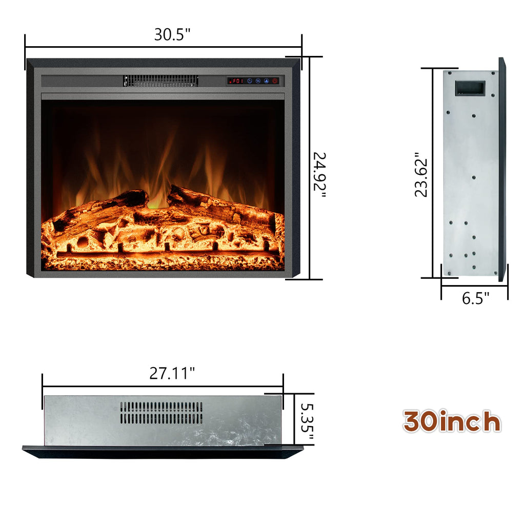Electric Fireplace, 30" Electric Fireplace Inserts, Recessed Fireplace Heater with Remote Control, Adjustable Flame