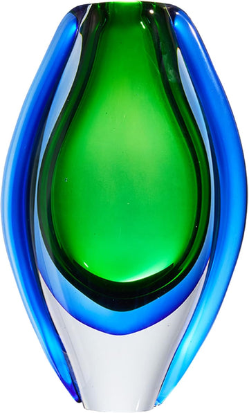 Hand Blown Sommerso Oval Art Glass Vase for Decor 10 inch Tall Centerpiece Table Decoration Emerald Green