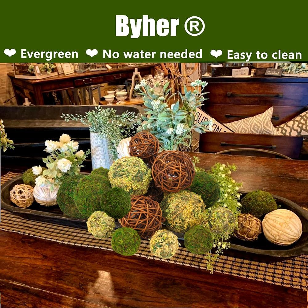 Decorative Balls for Centerpiece Bowls, Fake Moss Balls + Wicker Rattan Balls Set Vase Bowl Filler Garden - Set of 18