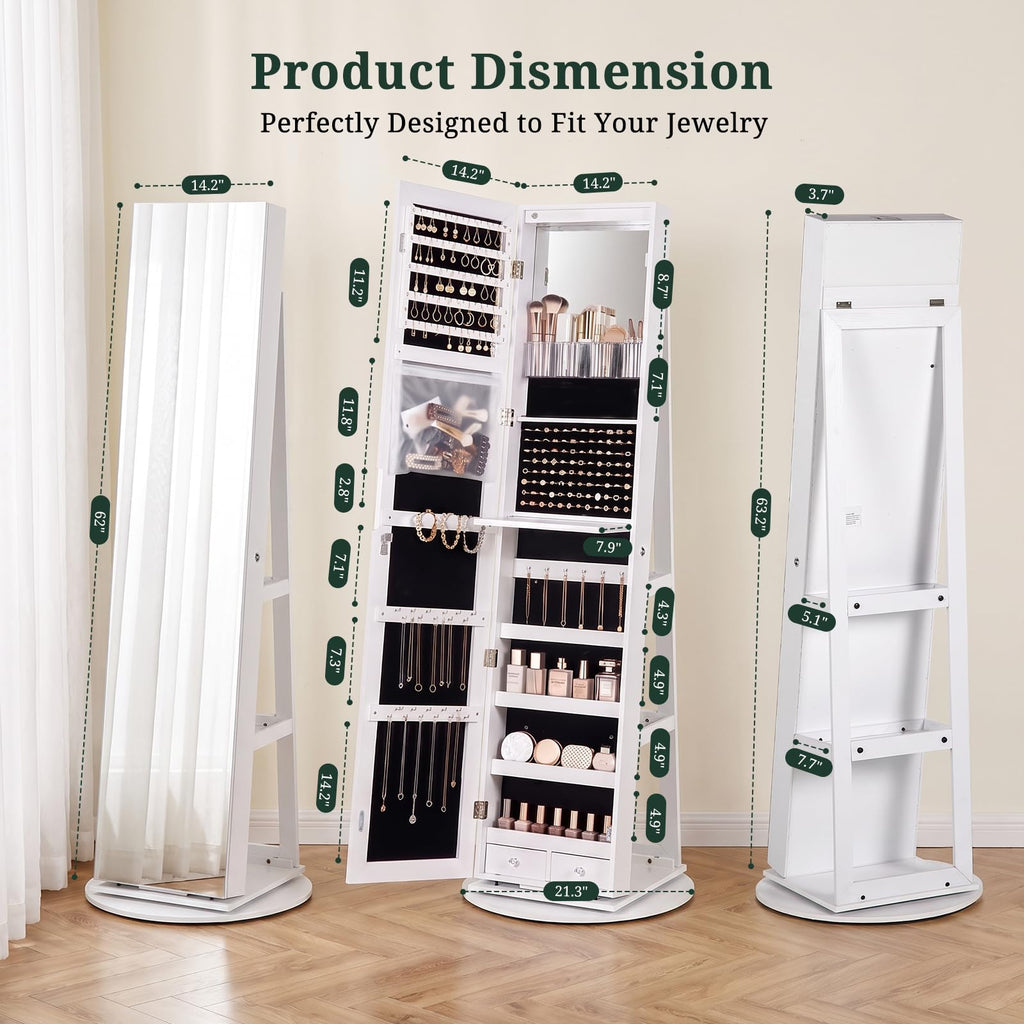 360° Swivel Jewelry Armoire Cabinet with Full Length Mirror, Lockable Jewelry Organizer with 6 LED Vanity Mirror, 3