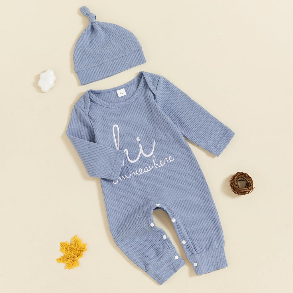 Im New Here Newborn Outfit Boy Long Sleeve Letter Romper Ribbed Knit Jumpsuit Baby Boy Preemie Coming Home Outfit (Hi