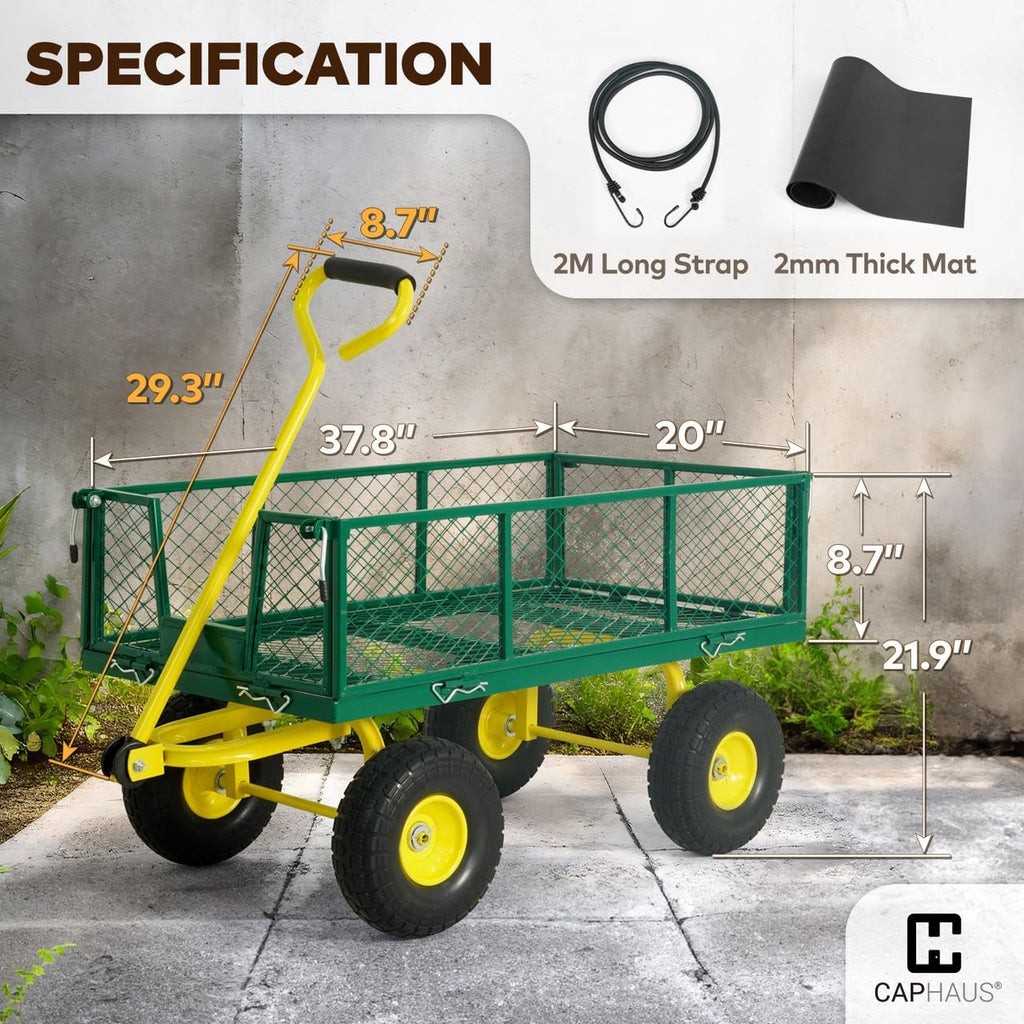 Metal Green Garden Cart, w/ 180° Adjustable Yellow Handle, w/Mat and Strap, Heavy Duty 880 lbs Capacity, w/ 10"